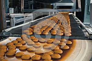 Food factory, production line or conveyor belt with fresh baked cookies. Modern automated confectionery and bakery