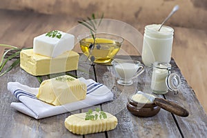 Food Fats and oil : set of dairy product and oil and animal fats on a wooden background photo