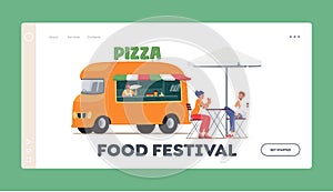 Food Festival Landing Page Template. Young People Enjoying Pizza in Outdoor Summer Cafe. People Eating Fast Food
