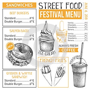 Fast food restaurant or cafe menu template. Hand drawn burgers, desserts and drinks illustrations. Food truck flyer design on whit
