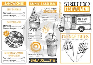 Food truck menu design on chalkboard. Fast food Restaurant flyer. Vector cafe template with hand drawn graphic - burgers, drinks,