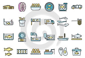 Food fish farm icons set vector color line