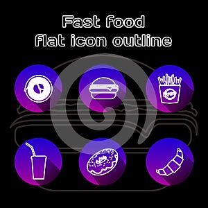 Food flat linear icons set. Fast food, pizzeria, cafe and restaurant menu items. Long shadow outline logo concepts. Vector line ar