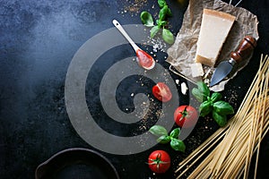 Food frame, italian food background, healthy food concept or ingredients for cooking pasta on a vintage background