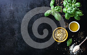 Food frame, italian food background, healthy food concept or ingredients for cooking pesto sauce on a vintage background