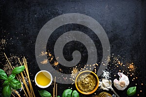 Food frame, italian food background, healthy food concept or ingredients for cooking pesto sauce on a vintage background