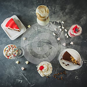 Food frame with milkshake drinks and desserts. Milkshakes and cake. Flat lay