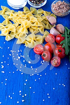 Food frame. Pasta salad ingredients. Italian food cooking. Top view. Copy space.