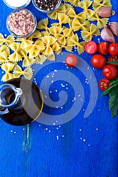 Food frame. Pasta salad ingredients. Italian food cooking. Top view. Copy space.