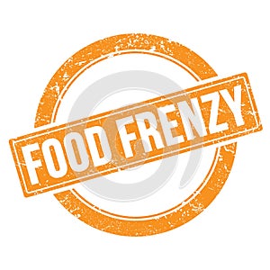 FOOD FRENZY text on orange grungy round stamp