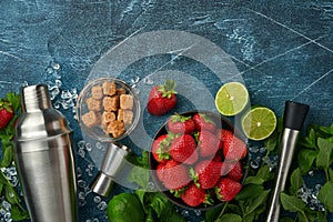 Food fresh ingredients for making lemonade, infused detox water or cocktail. Strawberries, lime, mint, basil, cane sugar, ice