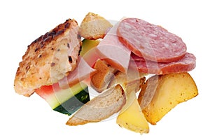 Food of the future concept - small slices of sausage bread and salmon   isolated