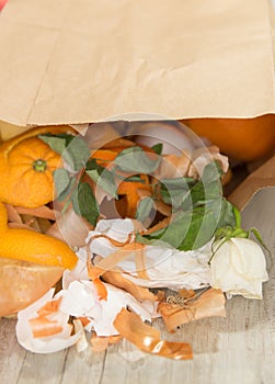 Food garbage in paper bag on the table