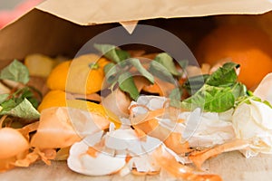 Food garbage in paper bag on the table