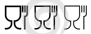 Food grade vector icons set. Food safe material wine glass and fork symbols