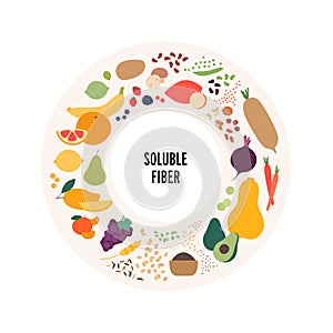 Food guide for healthy eating concept. Vector flat design various soluble fiber sources products colorful symbol in circle frame