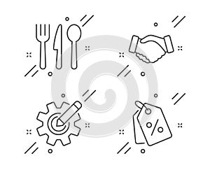 Food, Handshake and Cogwheel icons set. Discount tags sign. Cutlery, Deal hand, Edit settings. Sale coupons. Vector