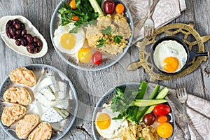 Food, healthy Breakfast, porridge, eggs, vegetables, sandwiches with caviar