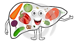 Food for a healthy liver. The liver smiles and shows a thumbs up.
