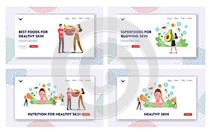 Food for Healthy Skin Landing Page Template Set. Tiny Characters at Huge Female Head with Avocado, Vegetables and Fruits photo