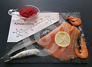 Food high in astaxanthin with chemical formula of astaxanthin. Astaxanthin is a red pigment found in fish and seafood