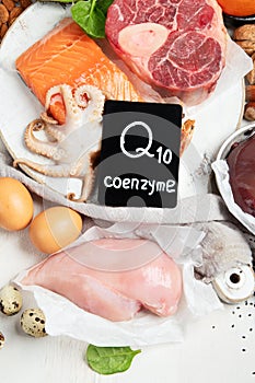 Food high in coenzyme Q10 on light gray background. Healthy eating concept. .Food high in coenzyme Q10 on light gray background.