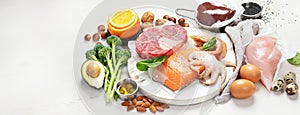 Food high in coenzyme Q10 on light gray background. Healthy eating concept. .Food high in coenzyme Q10 on light gray background.