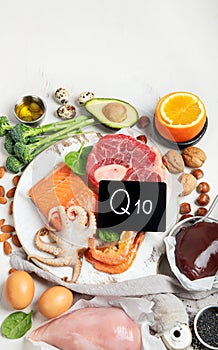 Food high in coenzyme Q10 on light gray background. Healthy eating concept. .Food high in coenzyme Q10 on light gray background.