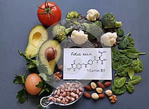 Food high in folic acid, vitamin B9, with structural chemical formula of folic acid include avocado, eggs, broccoli, nuts, seeds