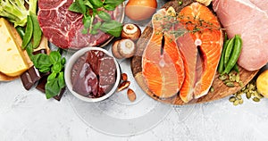 Food high in vitamin B2 on light background