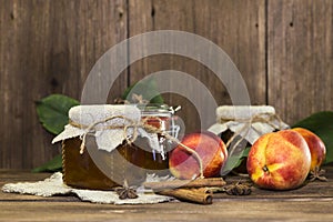 Food. Homemade canned fruit in cans. Fruit peach jam and fresh r