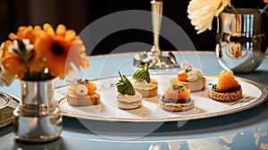 Food, hospitality and room service, starter appetisers as exquisite cuisine in hotel restaurant a la carte menu, culinary art and