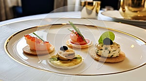 Food, hospitality and room service, starter appetisers as exquisite cuisine in hotel restaurant a la carte menu, culinary art and