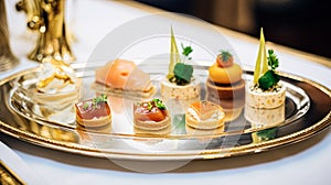 Food, hospitality and room service, starter appetisers as exquisite cuisine in hotel restaurant a la carte menu, culinary art and