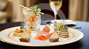 Food, hospitality and room service, starter appetisers as exquisite cuisine in hotel restaurant a la carte menu, culinary art and