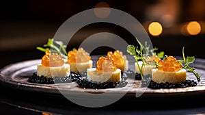 Food, hospitality and room service, starter appetisers with caviar as exquisite cuisine in hotel restaurant a la carte menu,