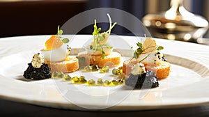 Food, hospitality and room service, starter appetisers with caviar as exquisite cuisine in hotel restaurant a la carte menu,