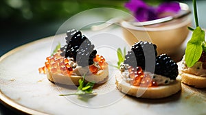 Food, hospitality and room service, starter appetisers with caviar as exquisite cuisine in hotel restaurant a la carte menu,