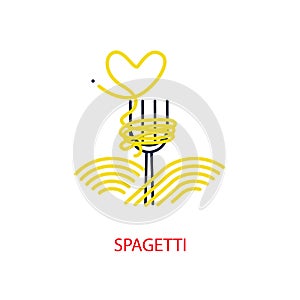 Food icon with heart-shaped spaghetti and fork. Vector