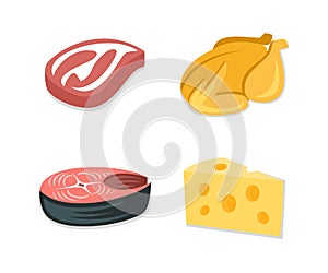 Food icon set, bacon steak, grilled chicken, fish steak, slice of cheese. Food ingredient, meal, meat and dairy products, vector d