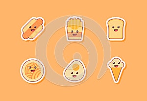 food icon set collection package hot dog french fries bread noodles egg ice cream brown kawai emoticon face cute fun happy