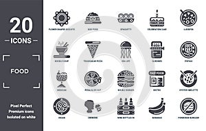 food icon set. include creative elements as flower shaped biscuits, luosifen, sardines, double burger, drinking, mexican filled