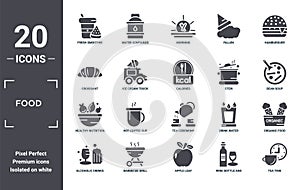 food icon set. include creative elements as fresh smoothie, hamburguer, stew, tea ceremony, barbecue grill, healthy nutrition