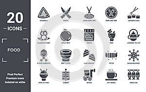 food icon set. include creative elements as goiabinha, japanese sushi, herb, cake graphic, canape, closed barbacue filled icons