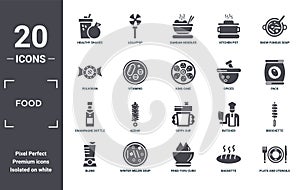 food icon set. include creative elements as healthy shakes, snow fungus soup, spices, sippy cup, winter melon soup, champagne
