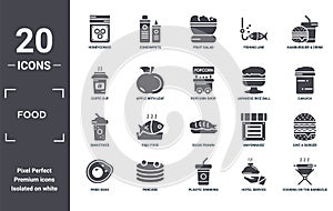 food icon set. include creative elements as honeycombs, hamburguer & drink, japanese rice ball in a bowl, sushi prawn, pancake,