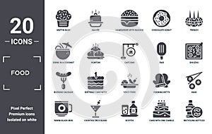 food icon set. include creative elements as muffin bake, french, fair, spicy food, cocktail on a glass, burning sausage on a fork