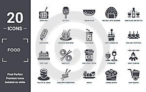 food icon set. include creative elements as sushi dish, wine glass and bottle, chef cooking on stove, disposable paper cup, sushi