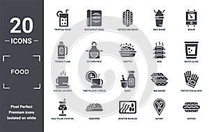 food icon set. include creative elements as tropical drink, boiler, ribs, dairy, marzipan, coffee cup with steam filled icons can