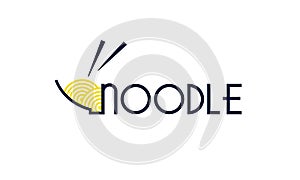 Food icon with text, noodle, plate and chopsticks. Vector poster